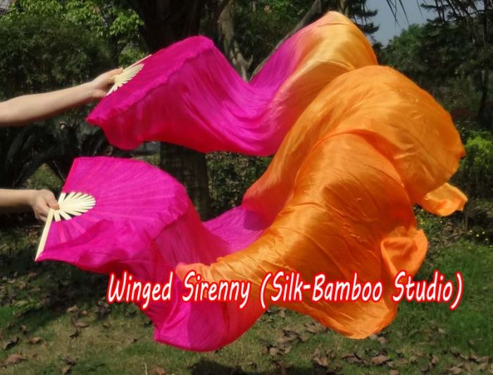 1 pair 1.5m (59") pink-orange belly dance silk fan veil