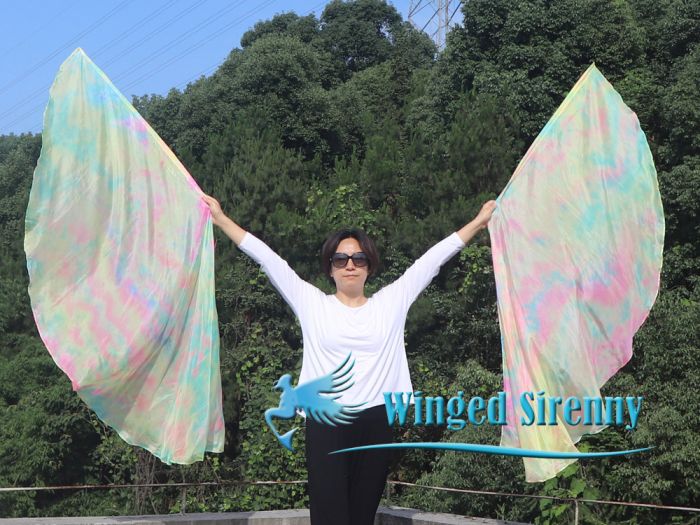 1 pair 180 cm (71") half circle prophetic angel wing silk flags, Moonstone 