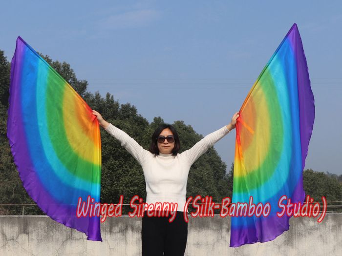 1 pair 180 cm (71") half circle prophetic angel wing silk flags, Rainbow 