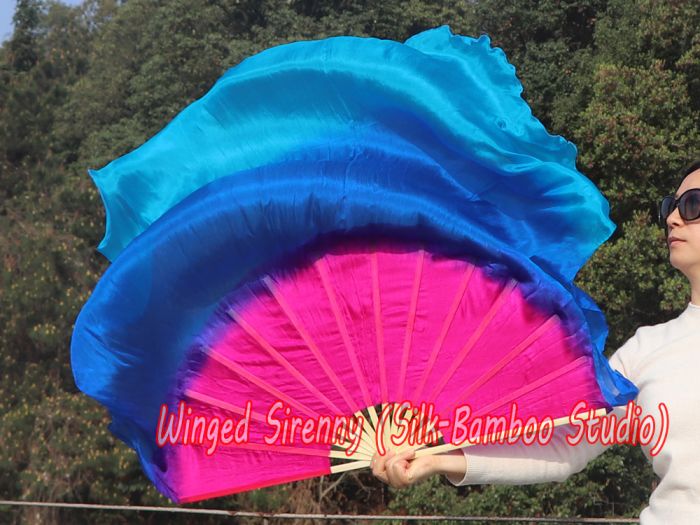 pink-blue-turquoise large short silk dance fans (flutter), 41" (105 cm)