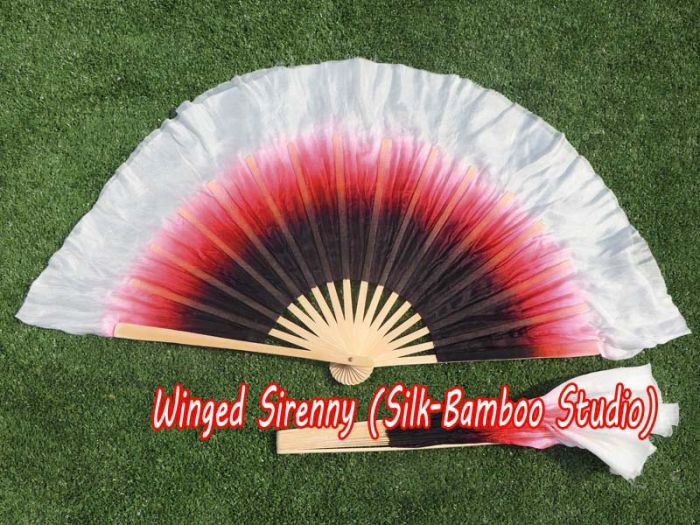 1 Pair black-red-white short Chinese silk dance fan, 10cm (4") flutter