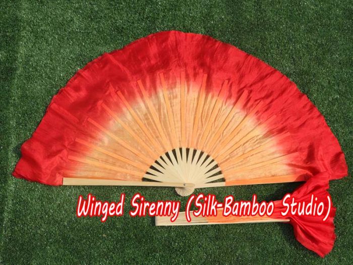 1 Pair orange-red short Chinese silk dance fan, 10cm (4") flutter