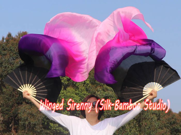 1 pair 1.8m (71") black-purple-pink-light pink belly dance silk fan veils