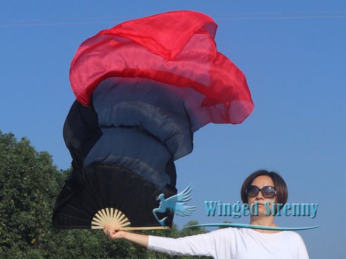 1 pair 1.8m (71") black-red belly dance silk fan veils