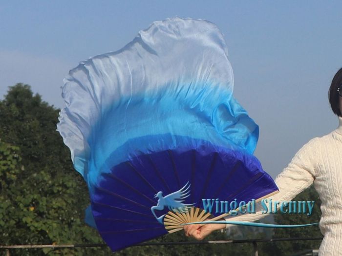 blue fading large short silk dance fans (flutter), 41" (105 cm)