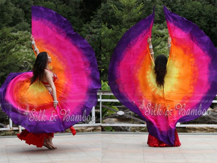 1 pair yellow-orange-pink-purple 8 Mommes habotai belly dance silk wing