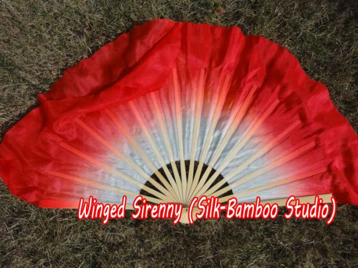 1 Pair white-red short Chinese silk dance fan, 10cm (4") flutter