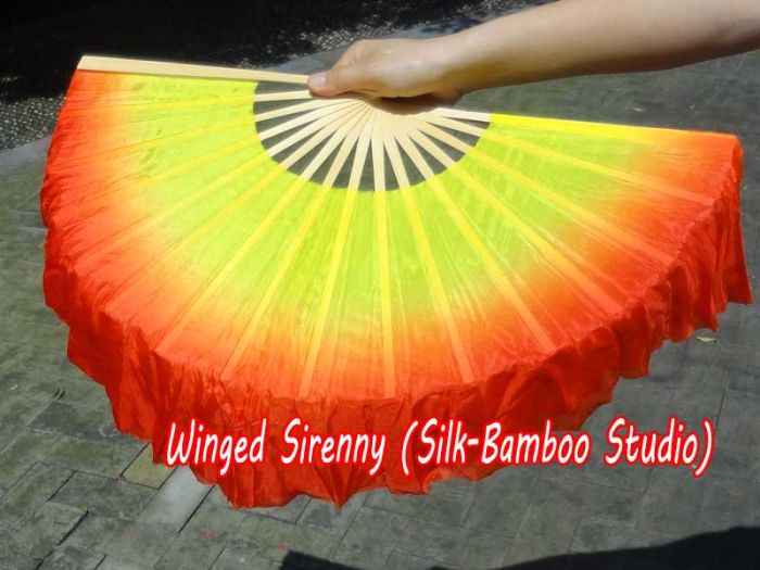 1 Pair yellow-red short Chinese silk dance fan, 10cm (4") flutter