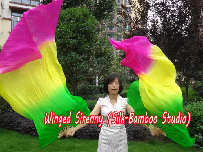 1 pair 1.5m (59") green-yellow-pink belly dance silk fan veil