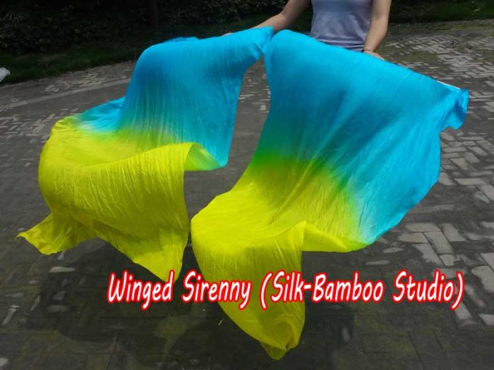 1 pair 1.5m (59") turquoise-yellow belly dance silk fan veil