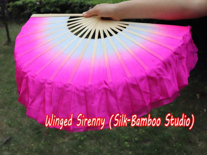 1 Pair white-pink short Chinese silk dance fan, 10cm (4") flutter