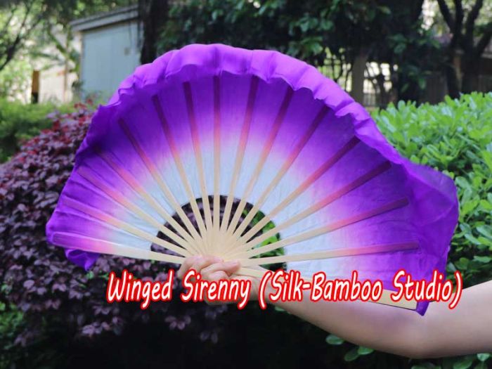 1 Pair white-purple short Chinese silk dance fan, 10cm (4") flutter