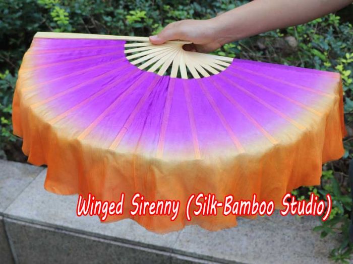 1 Pair purple-orange short Chinese silk dance fan, 10cm (4") flutter