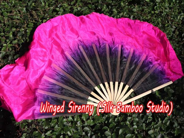 1 Pair black-pink short Chinese silk dance fan, 20cm (8") flutter