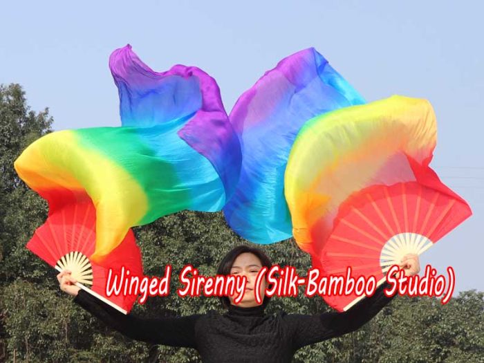 1 pair 1.5m (59") Rainbow belly dance silk fan veil