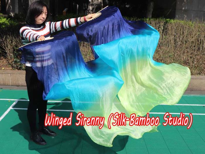 1 pair 1.8m (71") navy blue-aqua-yellow green belly dance silk fan veils