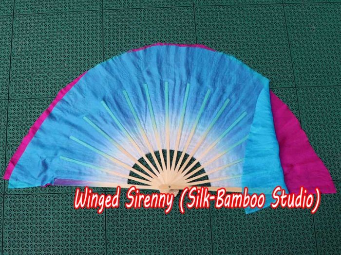 1 Pair white-turquoise/fuchsia short Chinese silk dance fan, 10cm (4") flutter