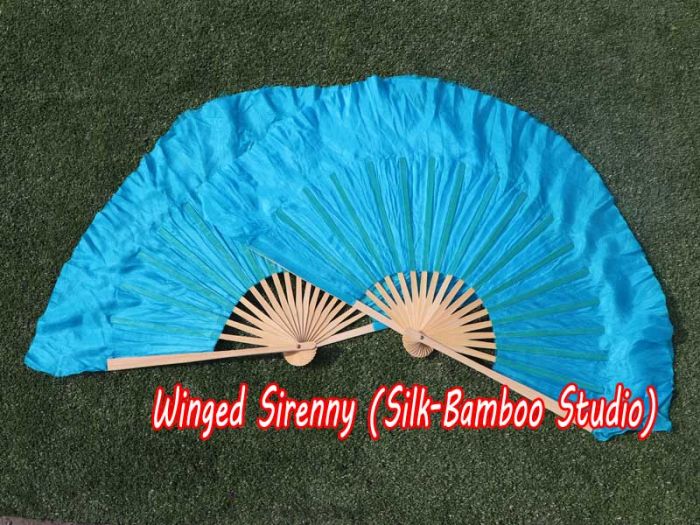 1 Pair turquoise short Chinese silk dance fan, 10cm (4") flutter