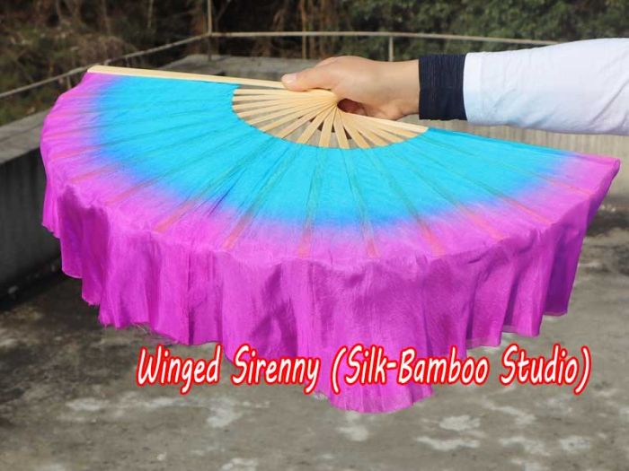 1 Pair turquoise-purple short Chinese silk dance fan, 10cm (4") flutter