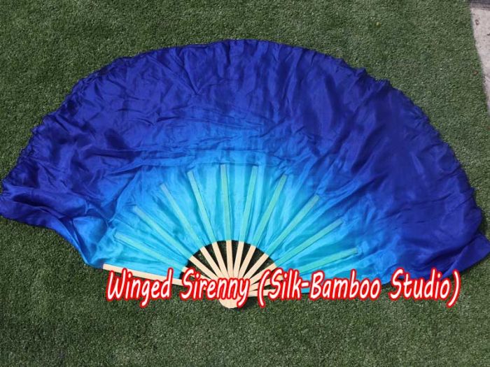 1 Pair turquoise-blue short Chinese silk dance fan, 30cm (12") flutter