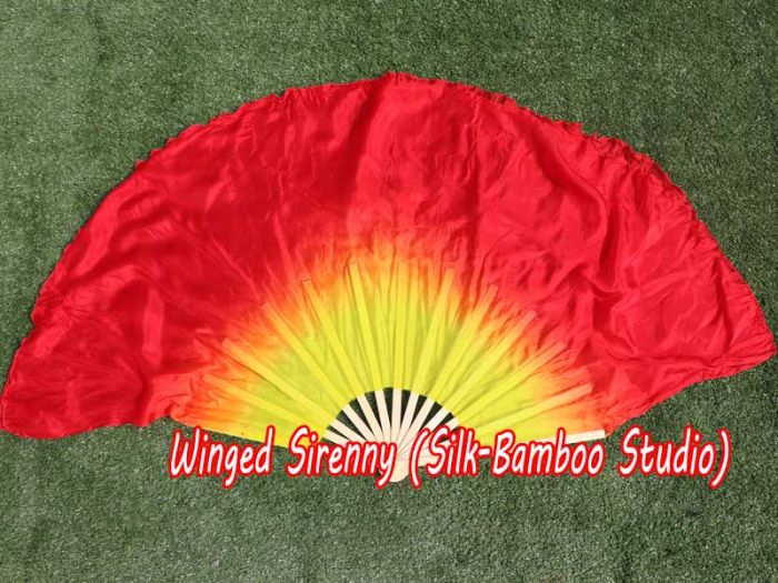 1 Pair yellow-red short Chinese silk dance fan, 30cm (12") flutter