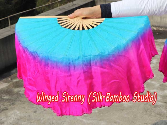 1 Pair turquoise-pink short Chinese silk dance fan, 20cm (8") flutter